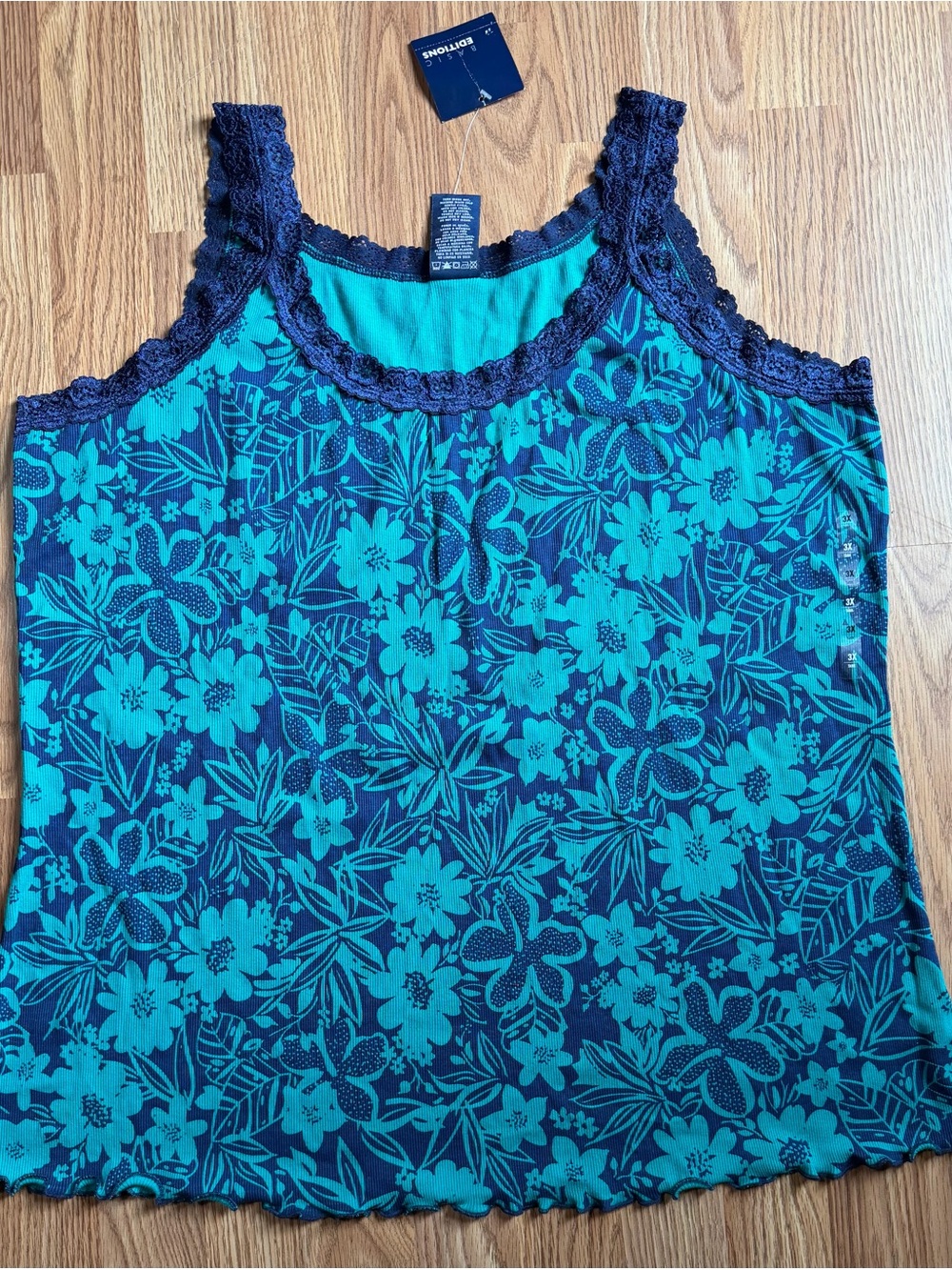 Basic Editions Teal Floral Lace-Trim Tank Top with Navy Accents